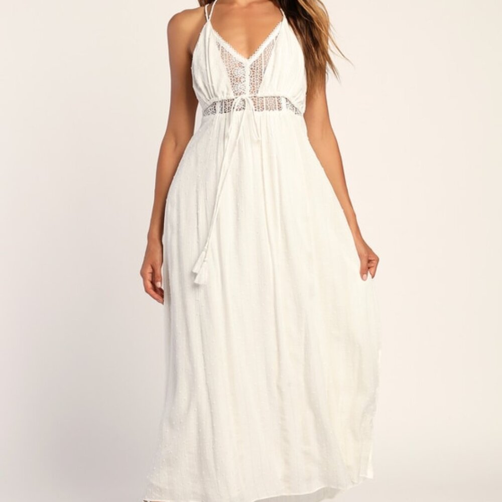 Lulus Santorini Scene White Metallic Gold Swiss Dot Lace Maxi Dress - Size M